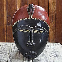 African wood mask, 'Anoma Tiri' - Red and Black African Sese Wodo Mask from Ghana