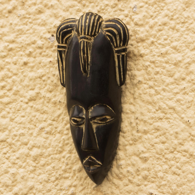 African wood mask, 'Mponansa Face' - African Wood Mask Depicting a Braided Face from Ghana