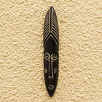 African wood mask, 'Long Face' - Black and Brown African Wood Mask from Ghana
