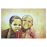'Sign of Victory' - Expressionist Painting of Two African Children from Ghana