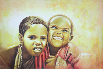 'Sign of Victory' - Expressionist Painting of Two African Children from Ghana