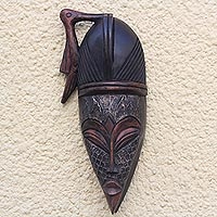 African wood mask, 'Pecking Bird' - Bird-Themed African Wood and Aluminum Mask from Ghana