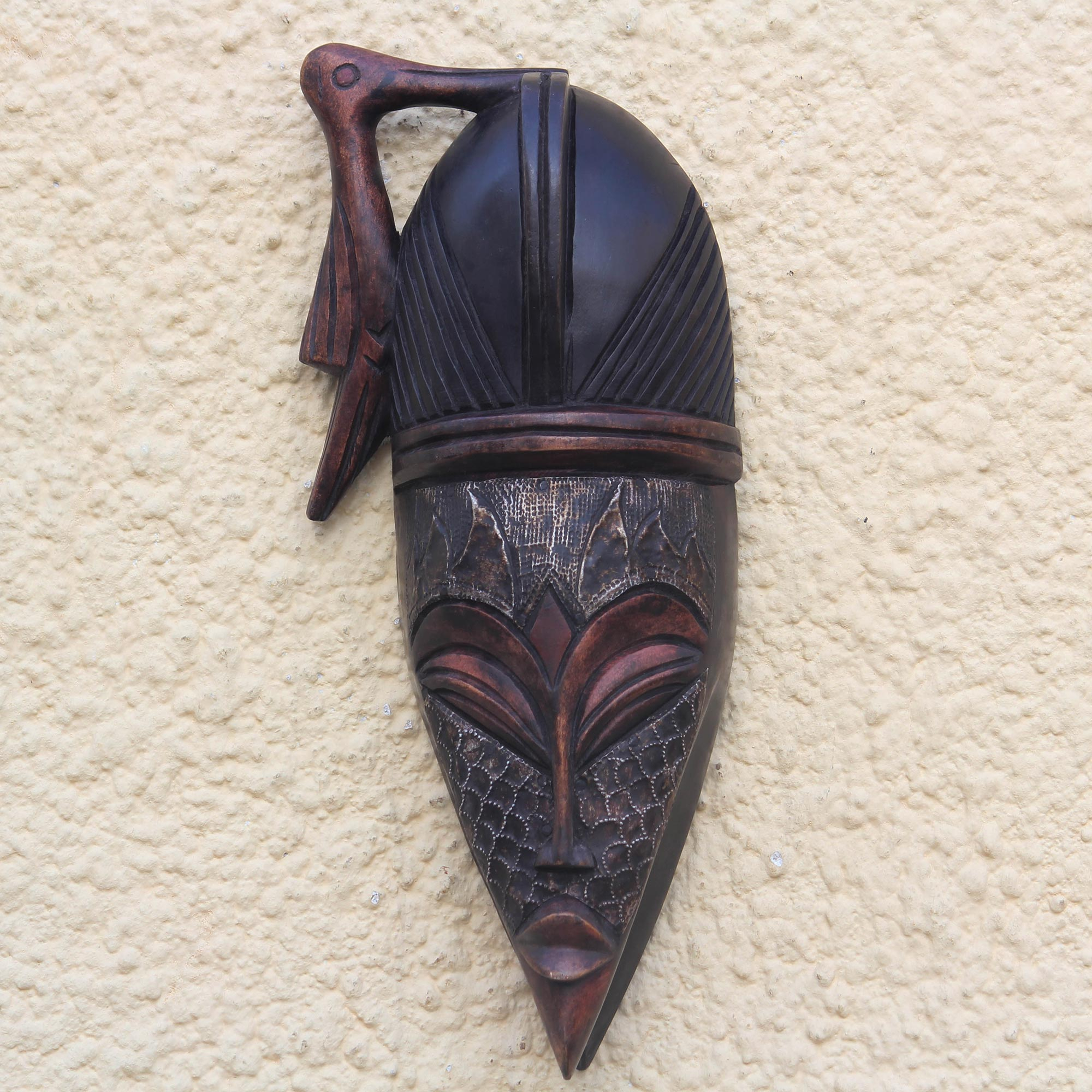 Bird-Themed African Wood and Aluminum Mask from Ghana - Pecking Bird ...