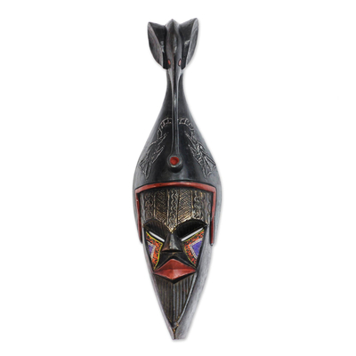 African beaded wood mask, 'Eco Elephants' - Elephant-Themed African Beaded Wood Mask from Ghana