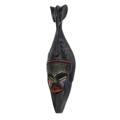 African beaded wood mask, 'Eco Elephants' - Elephant-Themed African Beaded Wood Mask from Ghana