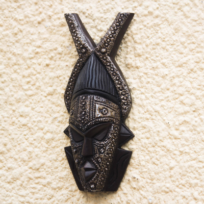 African wood mask, 'Striking Horns' - Horned African Wood and Aluminum Mask from Ghana
