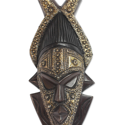African wood mask, 'Striking Horns' - Horned African Wood and Aluminum Mask from Ghana