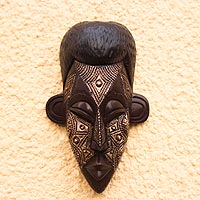 African wood mask, 'Tumi Face' - Black African Wood Mask with Aluminum Accents from Ghana