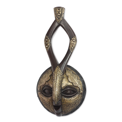 African wood mask, 'Classic Horns' - African Wood and Aluminum Mask with Leafy Accents from Ghana
