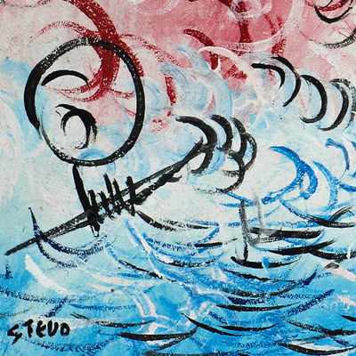 'Expression' - Signiertes abstraktes Gemälde in Rot und Blau aus Ghana
