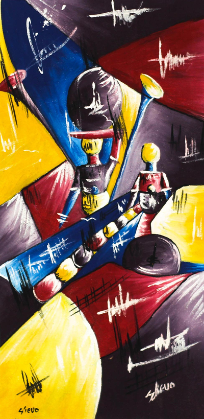 Signed Colorful Abstract Painting from Ghana