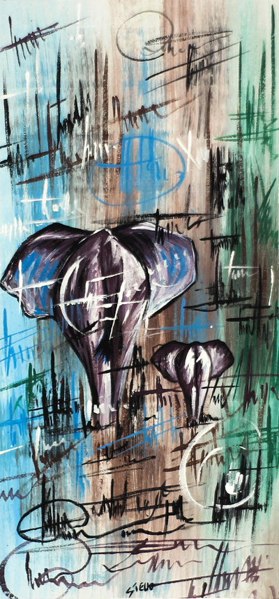 'Message of Old' - Signed Freestyle Elephant-Themed Painting from Ghana