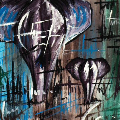'Message of Old' - Pintura firmada con temática de elefante de estilo libre de Ghana