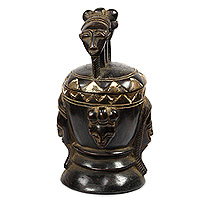 Baule-Themed Wood Decorative Jar from Ghana,'Baule Container'
