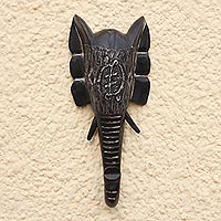 African wood mask, 'Dark Elephant' - Dark Elephant African Wood and Aluminum Mask from Ghana