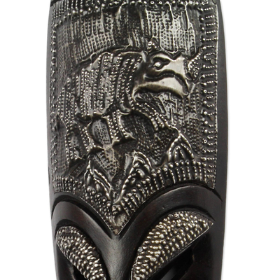 African wood mask, 'Dark Lobi' - Rhino-Themed African Sese Wood and Aluminum Mask from Ghana