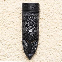African wood mask, 'Sankofa Pattern' - Sankofa-Themed African Sese Wood and Aluminum Mask