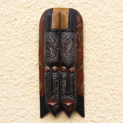 African wood mask, 'Beautiful Nta' - African Sese Wood and Aluminum Twin Mask from Ghana