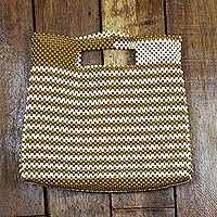 Recycled beaded handle handbag, 'Spice and Almond' - Striped Recycled Plastic Beaded Handle Handbag from Ghana