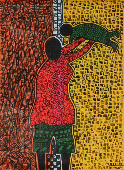 Mutterschaft - Farbenfrohe expressionistische Mutter-Kind-Malerei aus Ghana