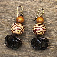 Wood dangle earrings, 'Etornam' - Brown Zebra Pattern Sese Wood Bead Dangle Earrings