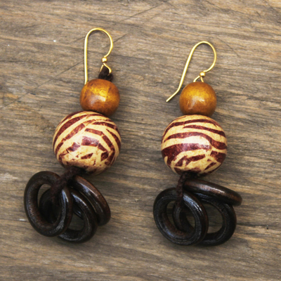 Wood dangle earrings, 'Etornam' - Brown Zebra Pattern Sese Wood Bead Dangle Earrings