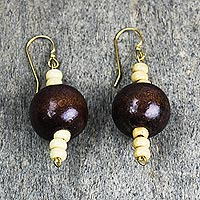 Wood dangle earrings, 'Dela Dem' - Earthy Wooden Bead Earrings from Ghanaian Artisan