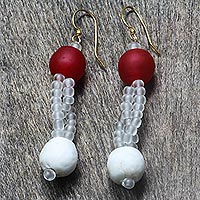 Recycled glass beaded dangle earrings, 'Favor' - Beaded Red and White Recycled Glass Dangle Earrings