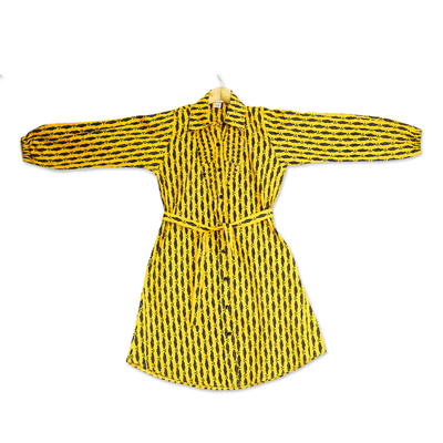 Cotton long-sleeved shirtdress, 'Saffron Lady' - Printed Cotton Long Sleeve Shirtwaist Dress in Saffron