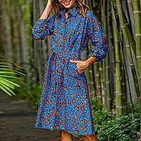 Cotton shirtdress, 'Virtuous Vine' - Vine Motif Cotton Shirtdress in Azure from Ghana