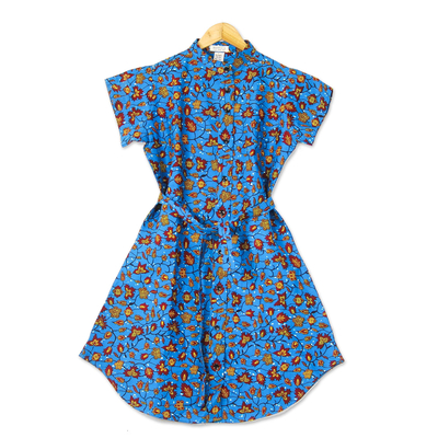 Cotton shirtdress, 'Virtuous Lady' - Printed Cotton Short Sleeve Shirtdress in Azure