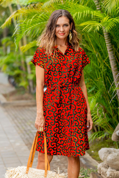 Printed Cotton Short Sleeve Shirtwaist Dress in Strawberry - Casual Day |  NOVICA