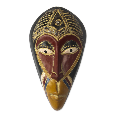 Máscara de madera africana, 'Ekundayo' - Máscara de madera africana acentuada con aluminio en relieve