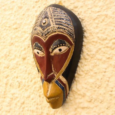 African wood mask, 'Ekundayo' - African Wood Mask Accented with Embossed Aluminum