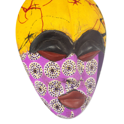 African wood mask, 'Colorful Tradition' - African Wood Mask with Printed Cotton Accents from Ghana
