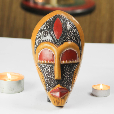 African wood mask, 'Esbuna' - African Wood and Aluminum Mask in Orange from Ghana