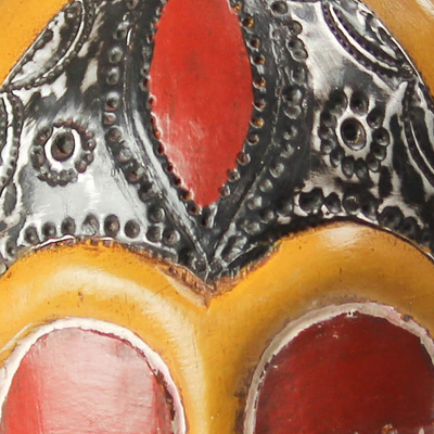 African wood mask, 'Esbuna' - African Wood and Aluminum Mask in Orange from Ghana