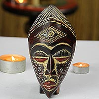 African wood mask, 'Jamuike Eye' - Rustic African Wood and Aluminum Mask from Ghana