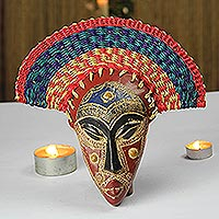 African wood mask, 'Akuchinyere Headdress' - African Wood Mask with Raffia Headdress from Ghana