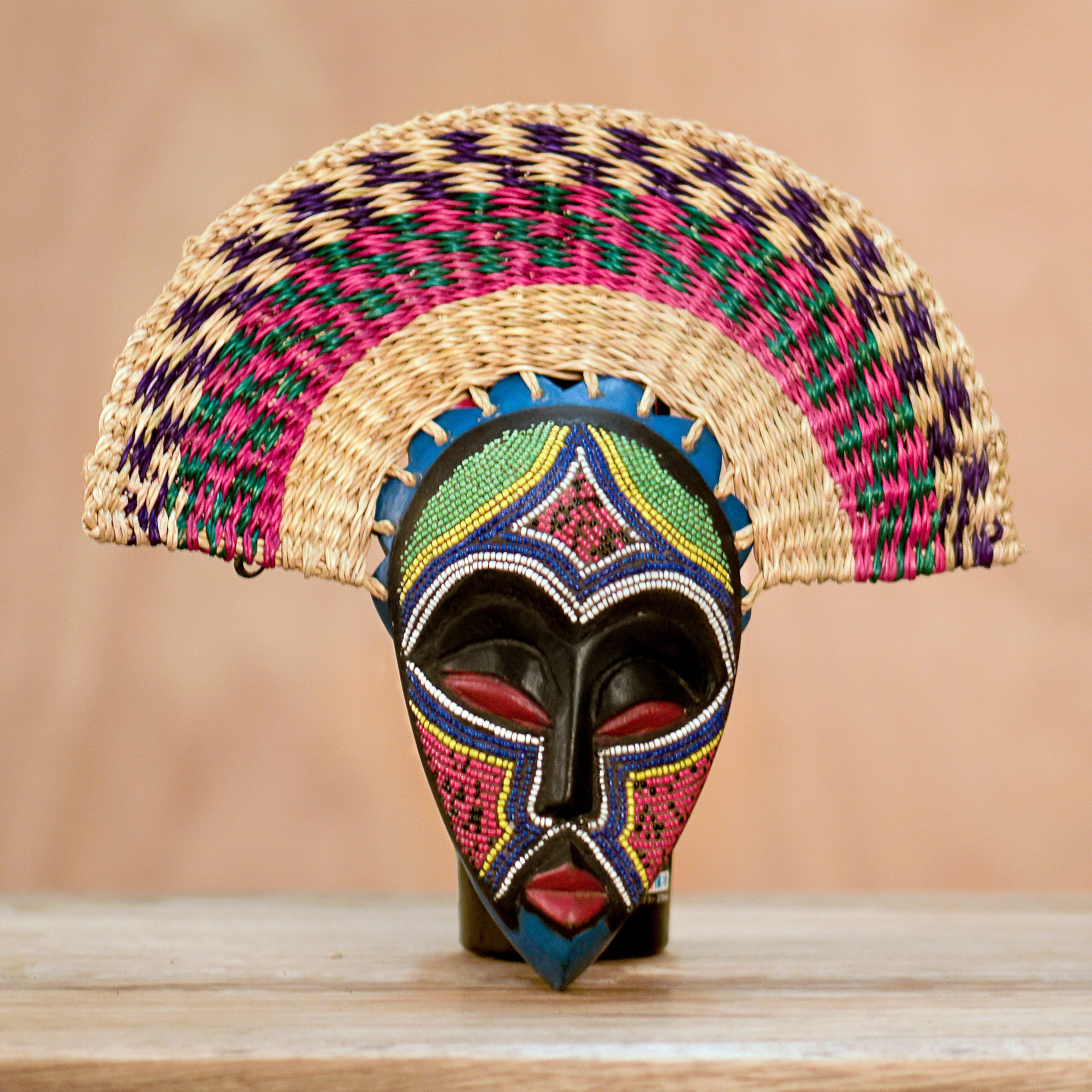 Eco-Friendly African Wood Mask with Raffia from Ghana - Eco Akuchinyere