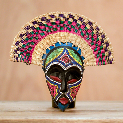 African wood mask, 'Eco Akuchinyere' - Eco-Friendly African Wood Mask with Raffia from Ghana