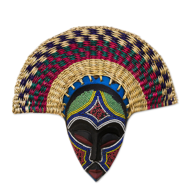 Eco-Friendly African Wood Mask with Raffia from Ghana