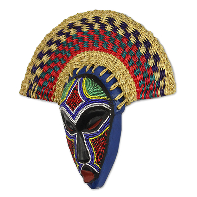 African wood mask, 'Eco Akuchinyere' - Eco-Friendly African Wood Mask with Raffia from Ghana