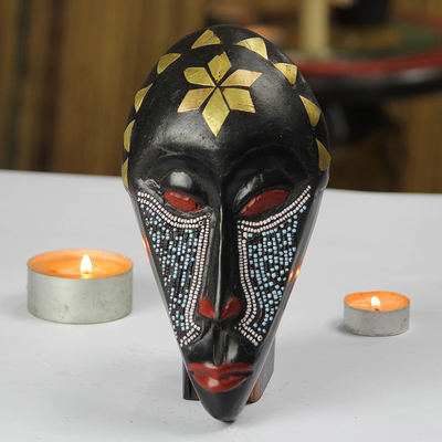 African wood mask, 'Eco Ekundayo' - African Wood Mask with Recycled Plastic Beads from Ghana