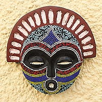 Recycled glass beaded African wood mask, 'Beautiful Aida' - Recycled Glass Beaded African Wood Mask Created in Ghana