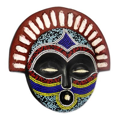 Recycled glass beaded African wood mask, 'Beautiful Aida' - Recycled Glass Beaded African Wood Mask Created in Ghana