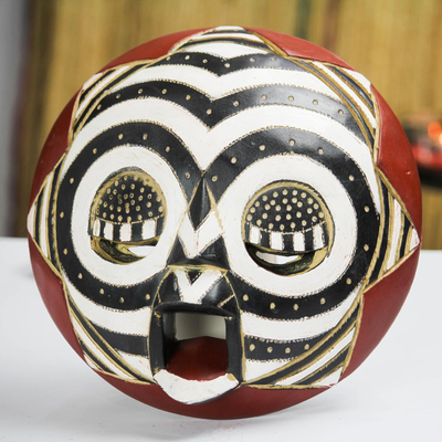 African wood mask, 'Round Zebra' - Black and White African Wood Mask from Ghana