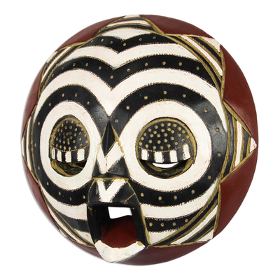 African wood mask, 'Round Zebra' - Black and White African Wood Mask from Ghana
