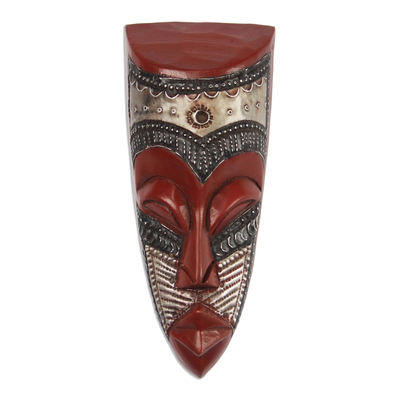 African Wood Mask in Red with Embossed Aluminum from Ghana
