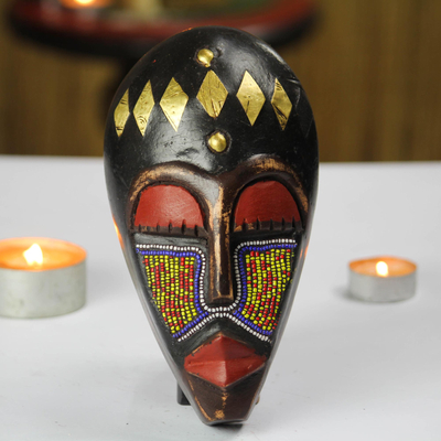 Recycled glass beaded African wood mask, 'Onyeisi' - Recycled Glass Beaded African Wood Mask from Ghana